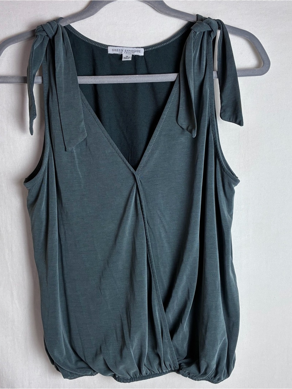 Green Envelope Women M Slate Green Faux Wrap Tank Top Tie Shoulder Bubble Hem